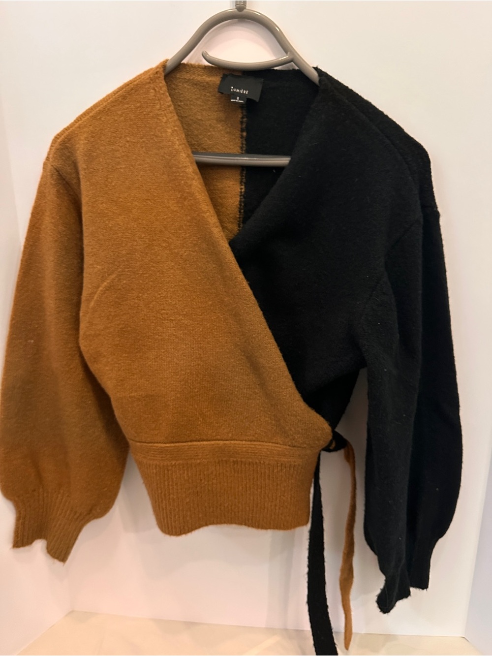 Lumiere Two-Tone Wrap Cardigan in Brown and Black